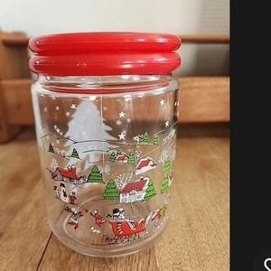 Vintage KIG Indonesia Glass Canister Jar with Christmas Themed Decals‎ & Lid